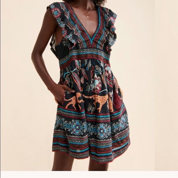 Anthropologie Animal Floral Print Plunge V-neck Mini Dress Ruffles Size XS - Picture 10 of 11